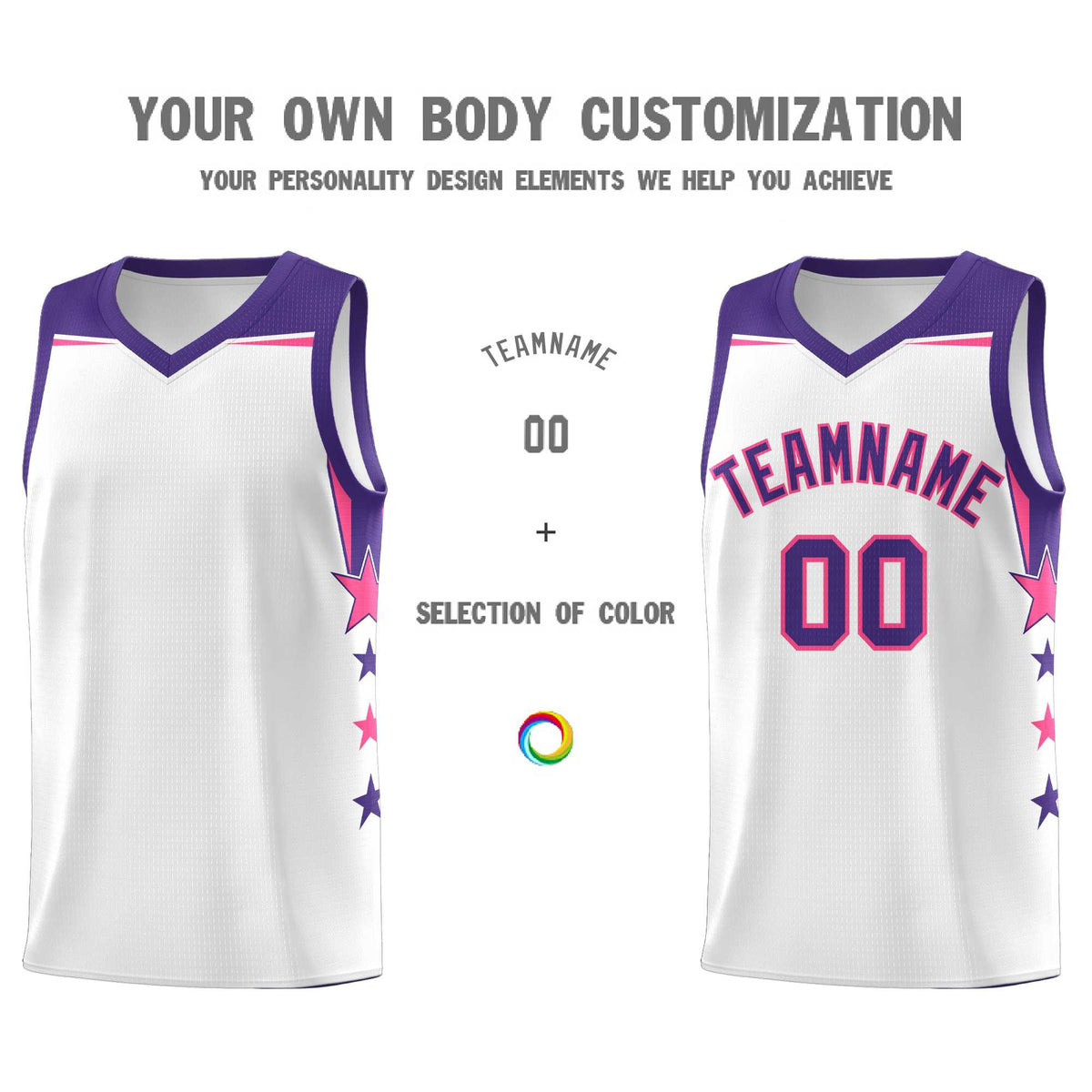 Custom Youth Basketball Uniform White Purple Two Tone Side Star Color Block Team Jersey
