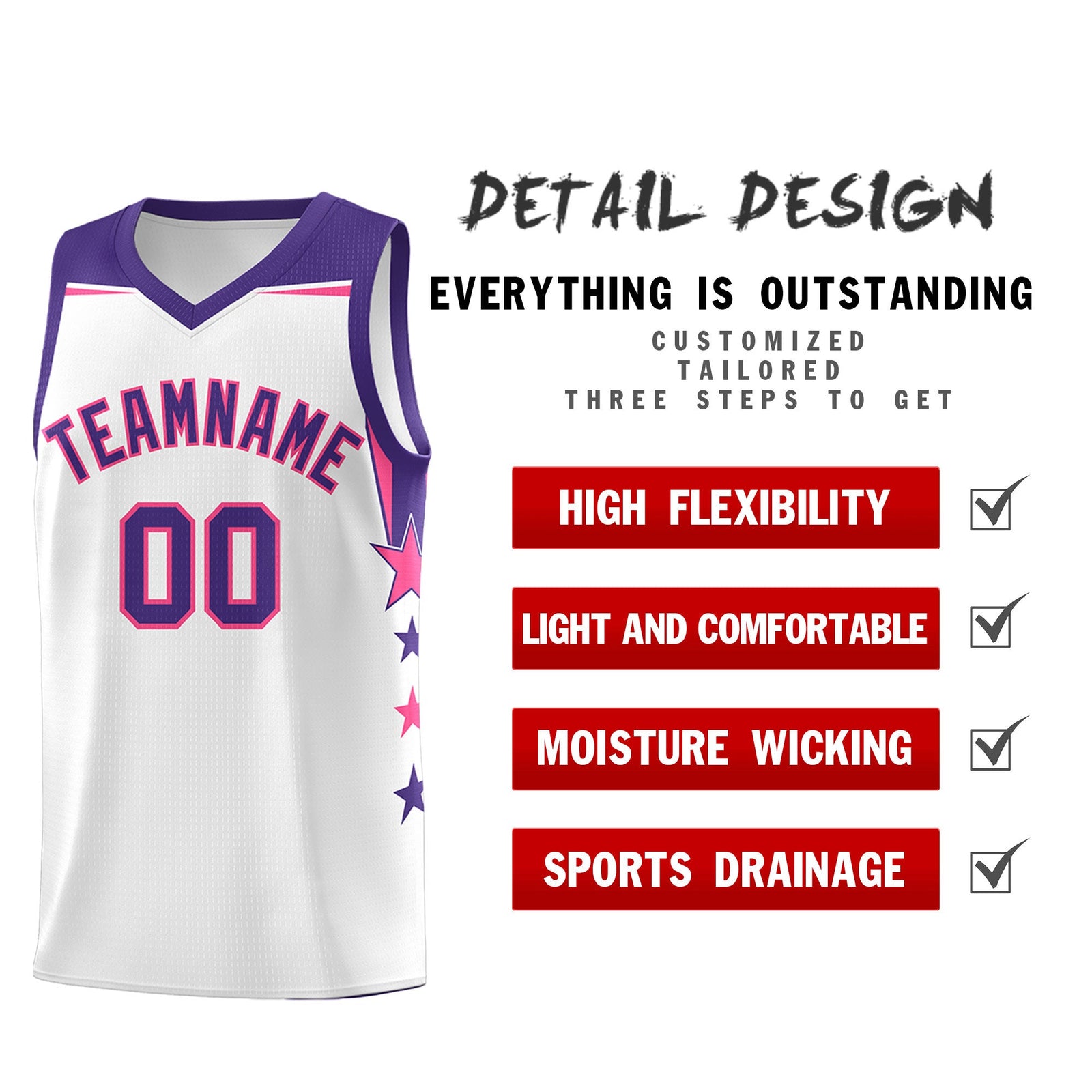 Custom Youth Basketball Uniform White Purple Two Tone Side Star Color Block Team Jersey