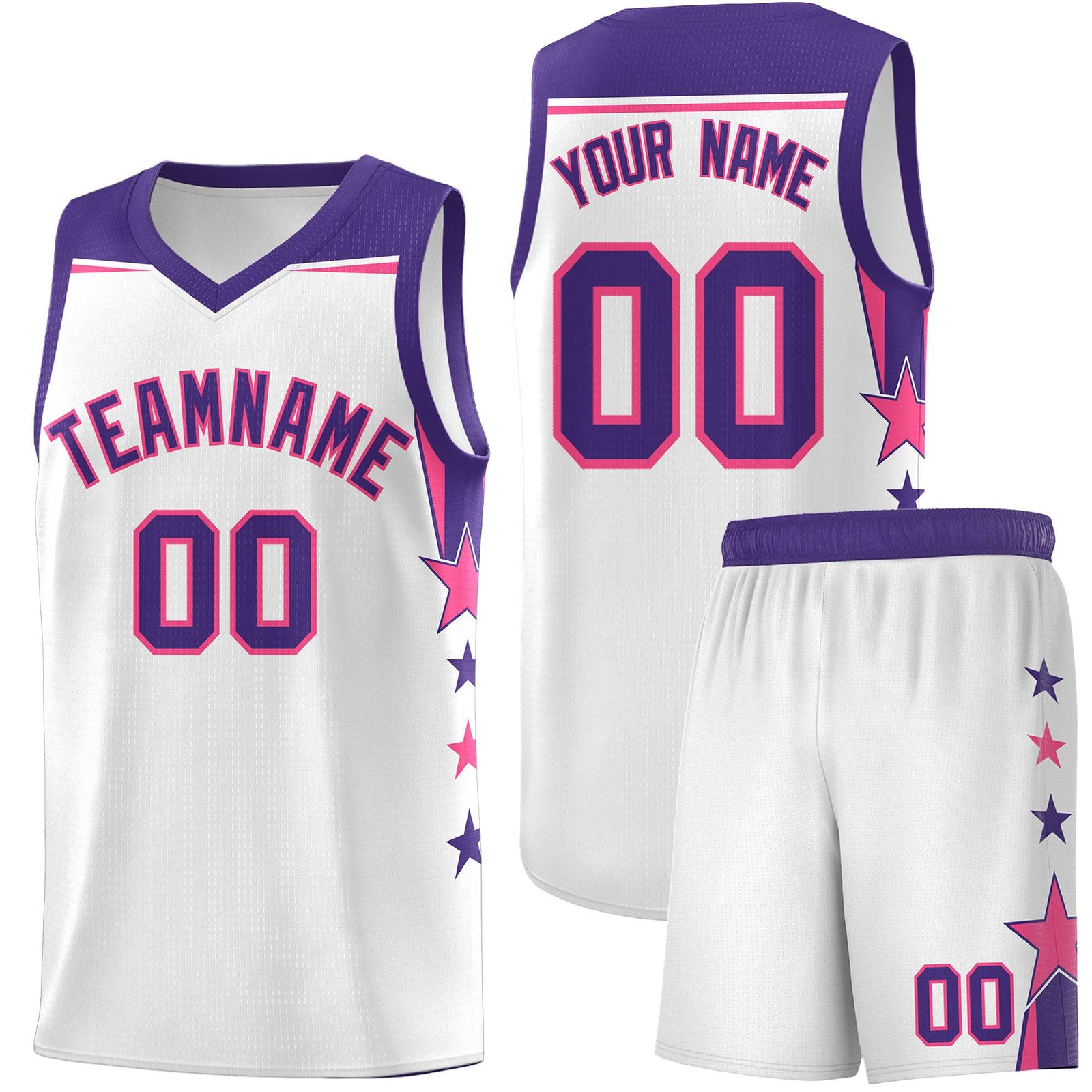 Custom Youth Basketball Uniform White Purple Two Tone Side Star Color Block Team Jersey