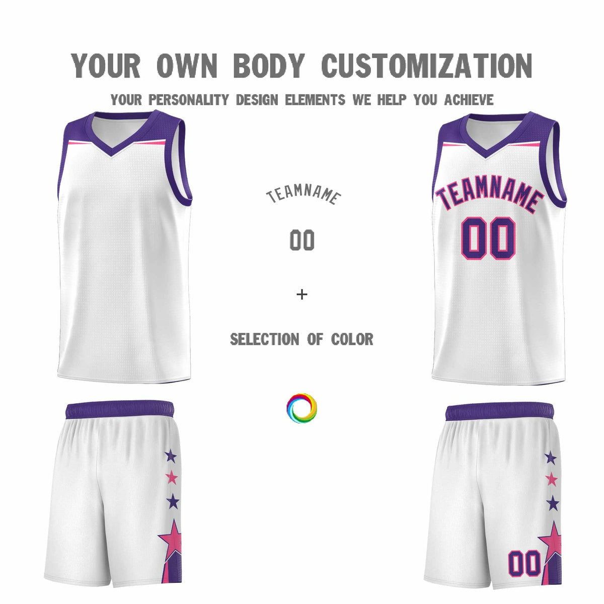 Custom Youth Basketball Uniform White Purple Two Tone Side Star Color Block Team Jersey