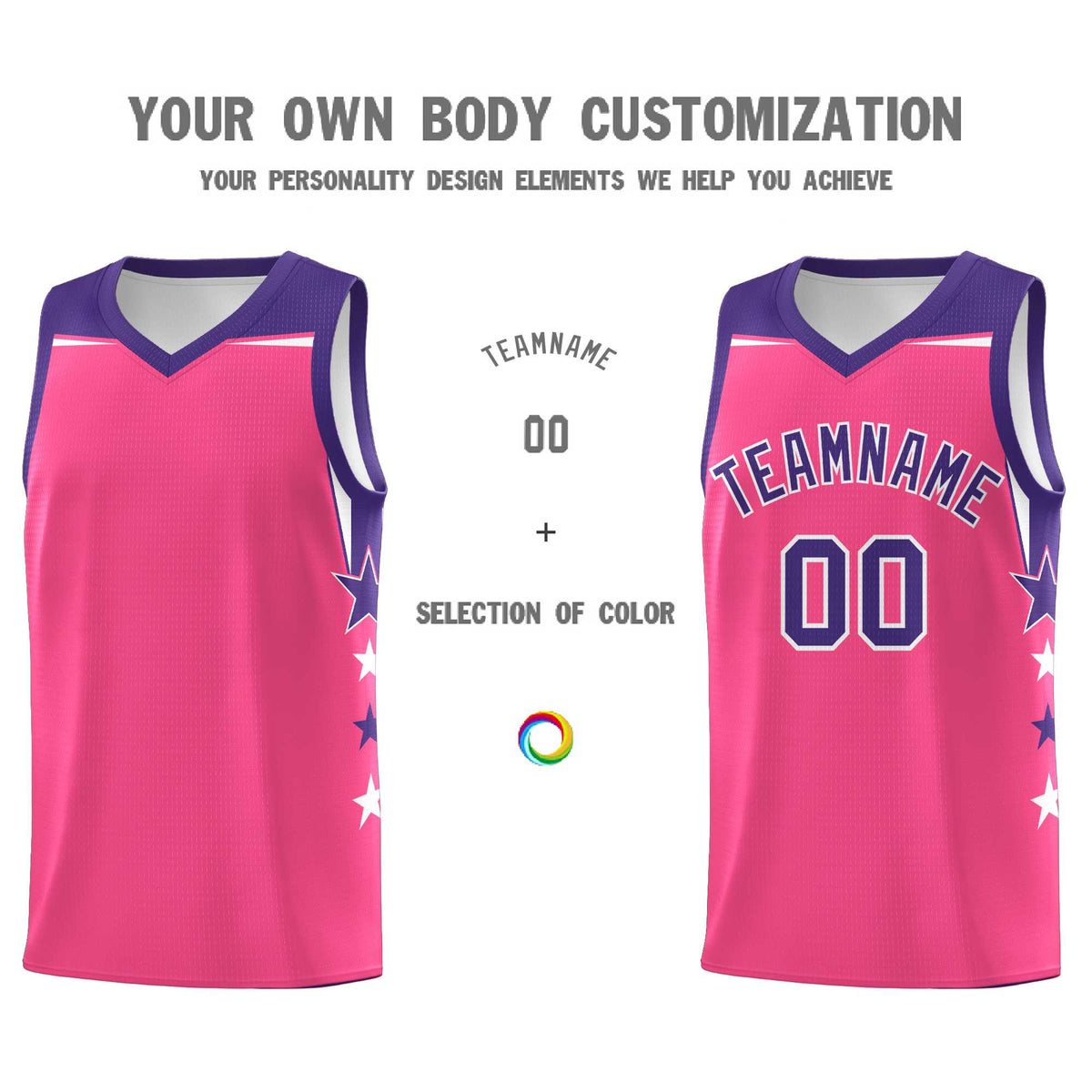 Custom Youth Basketball Uniform Pink Purple Two Tone Side Star Add Name Number &amp; Logo