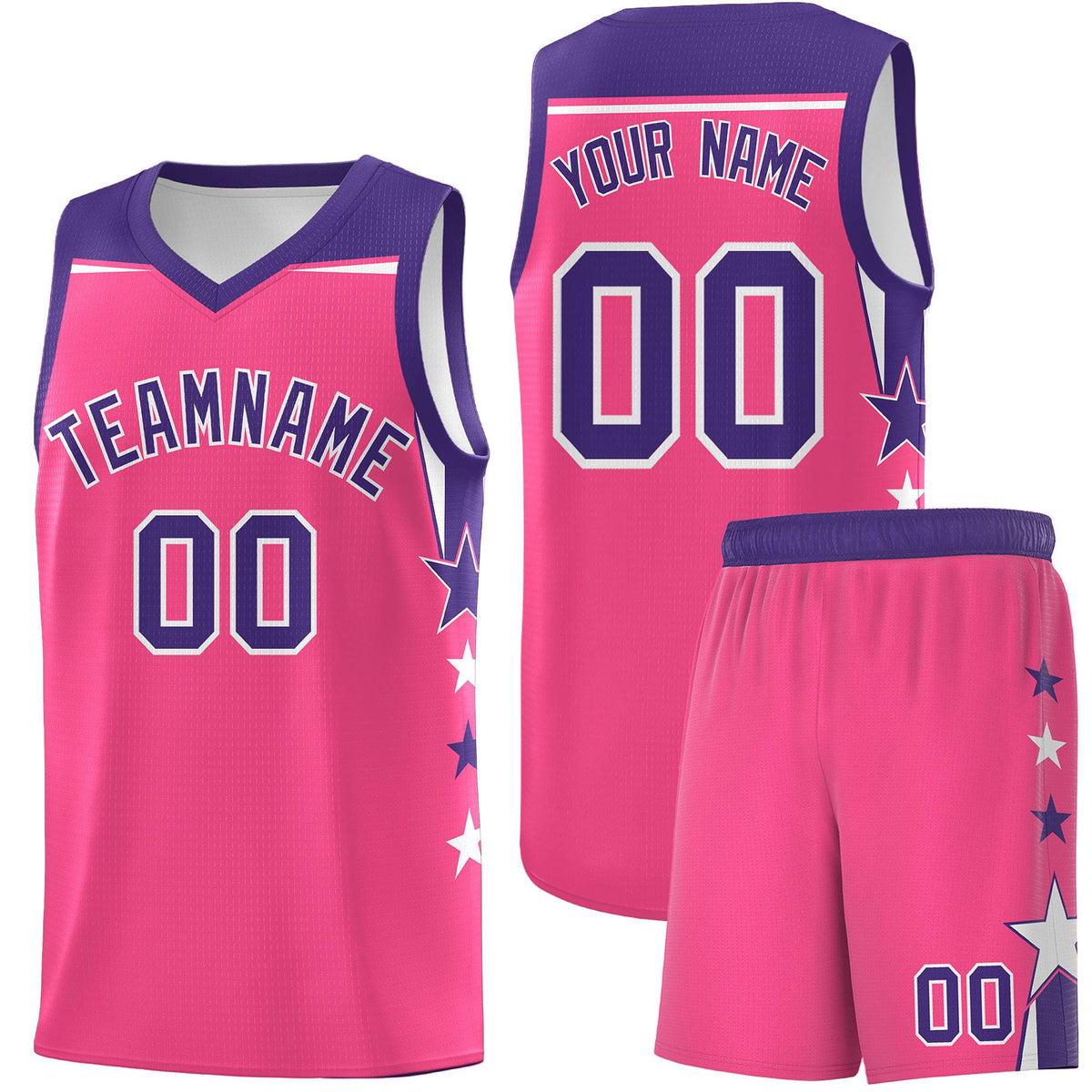 Custom Youth Basketball Uniform Pink Purple Two Tone Side Star Add Name Number &amp; Logo