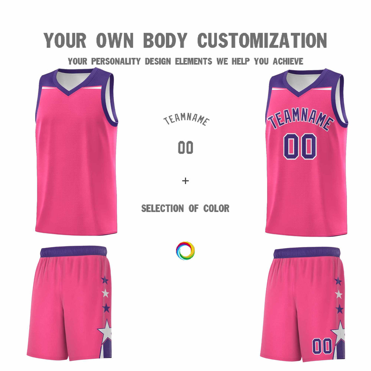 Custom Youth Basketball Uniform Pink Purple Two Tone Side Star Add Name Number &amp; Logo