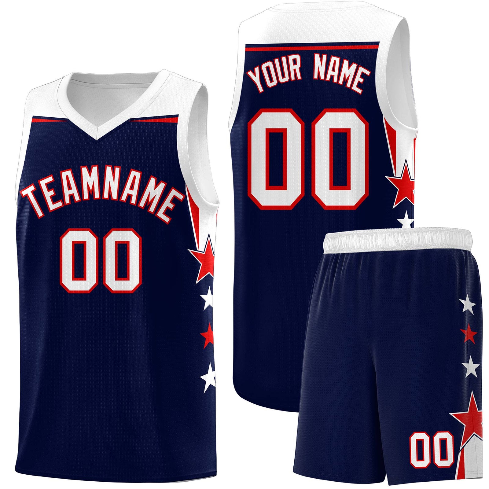 Custom Youth Basketball Uniform Navy White Two Tone Side Star Add Name Number & Logo