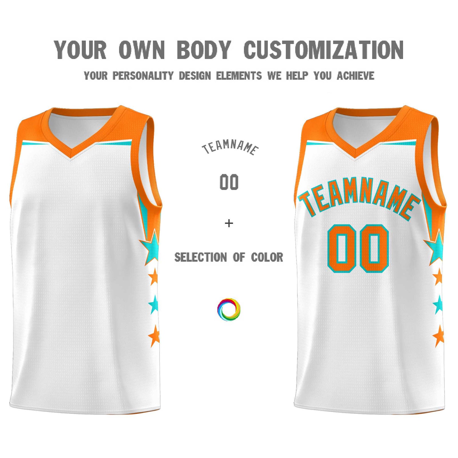 Custom Youth Basketball Uniform White Orange Two Tone Side Star Color Block Team Jersey