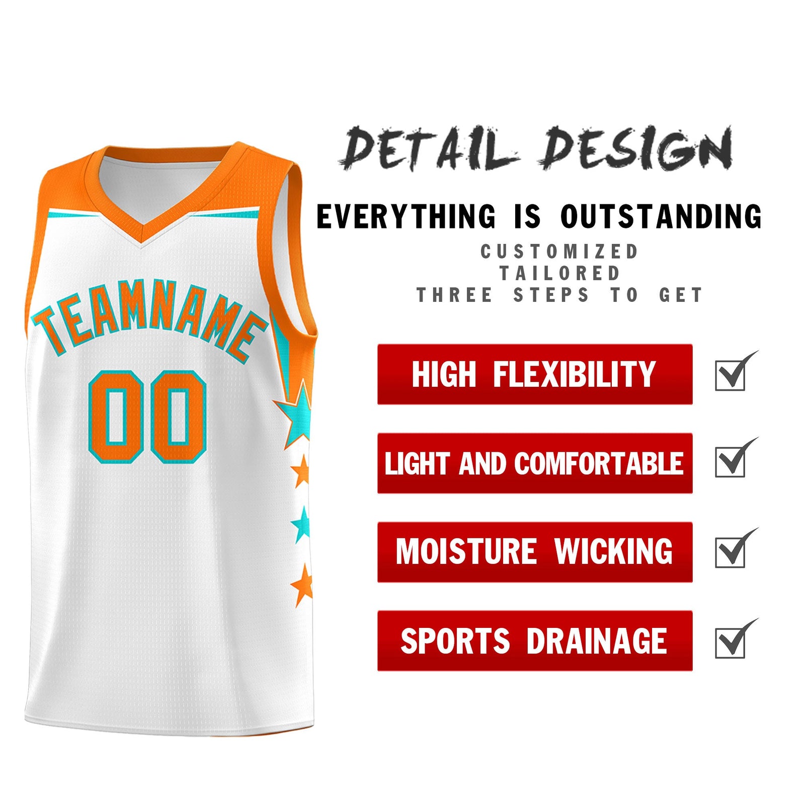Custom Youth Basketball Uniform White Orange Two Tone Side Star Color Block Team Jersey