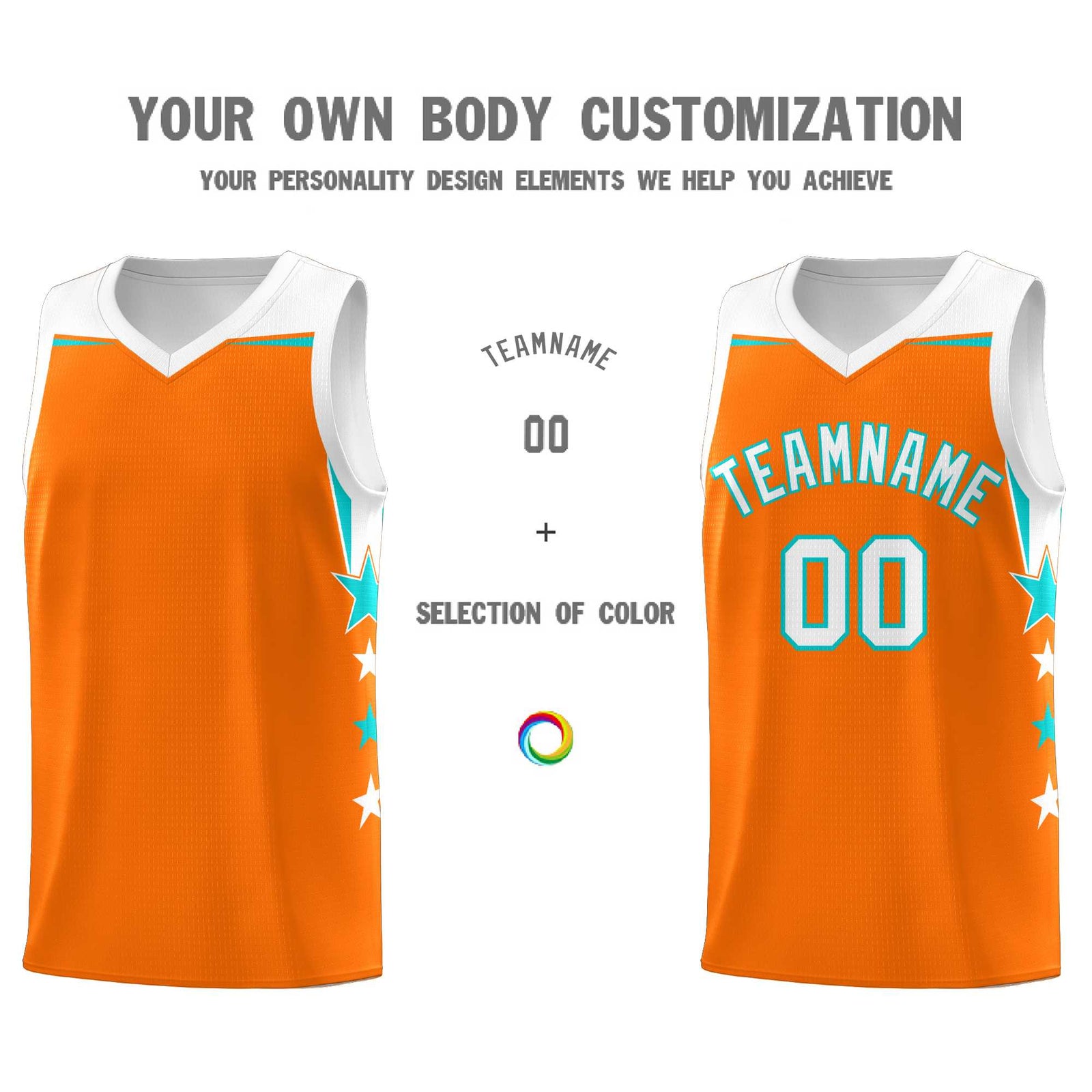 Custom Youth Basketball Uniform Orange White Two Tone Side Star Add Name Number & Logo