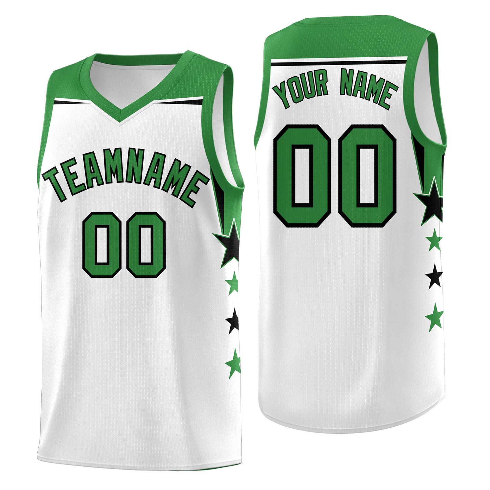Custom Youth Basketball Uniform White Kelly Green Two Tone Side Star Color Block Team Jersey