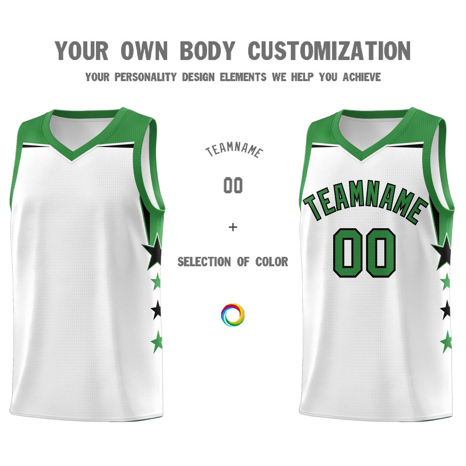 Custom Youth Basketball Uniform White Kelly Green Two Tone Side Star Color Block Team Jersey