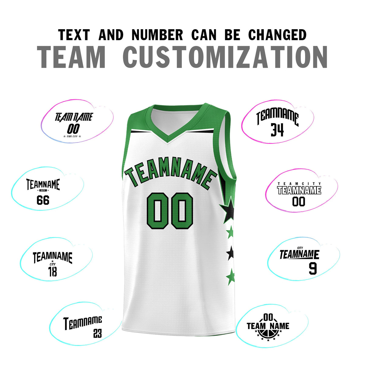 Custom Youth Basketball Uniform White Kelly Green Two Tone Side Star Color Block Team Jersey