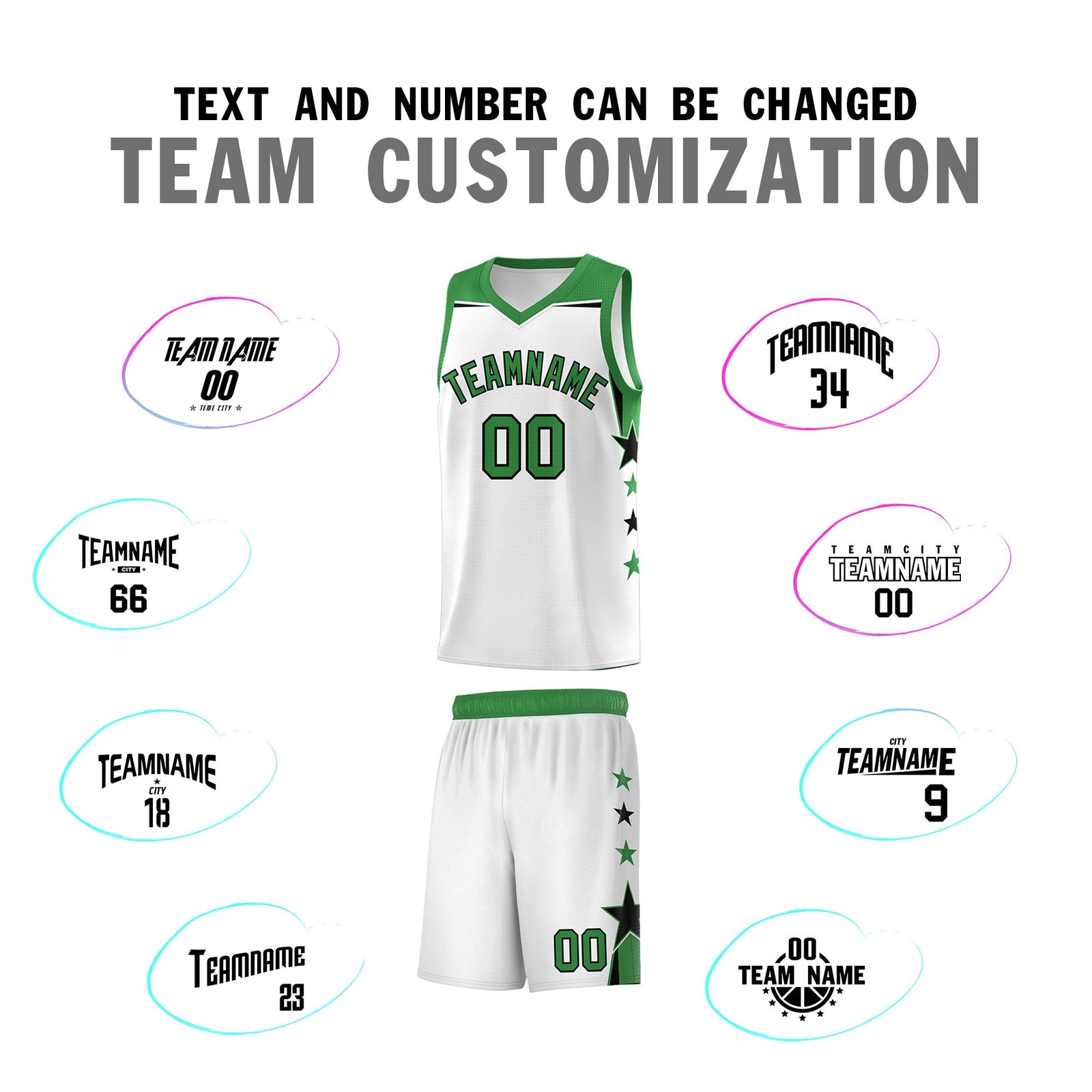 Custom Youth Basketball Uniform White Kelly Green Two Tone Side Star Color Block Team Jersey