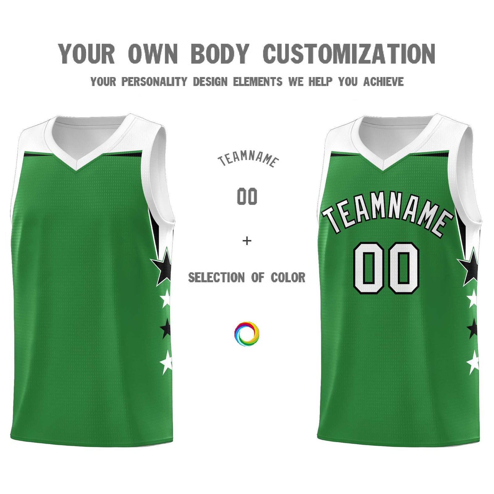 Custom Youth Basketball Uniform Kelly Green White Two Tone Side Star Add Name Number & Logo