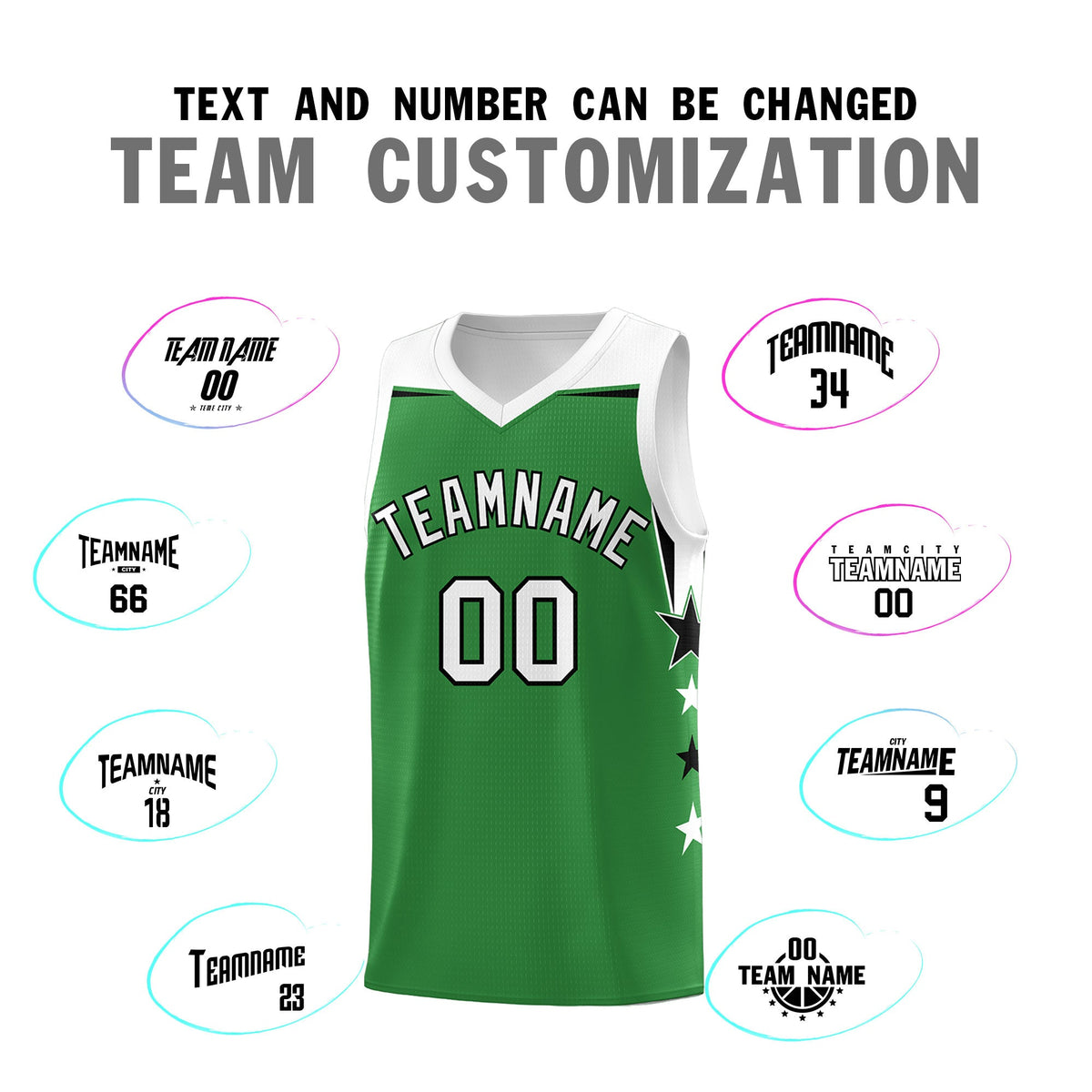 Custom Youth Basketball Uniform Kelly Green White Two Tone Side Star Add Name Number &amp; Logo
