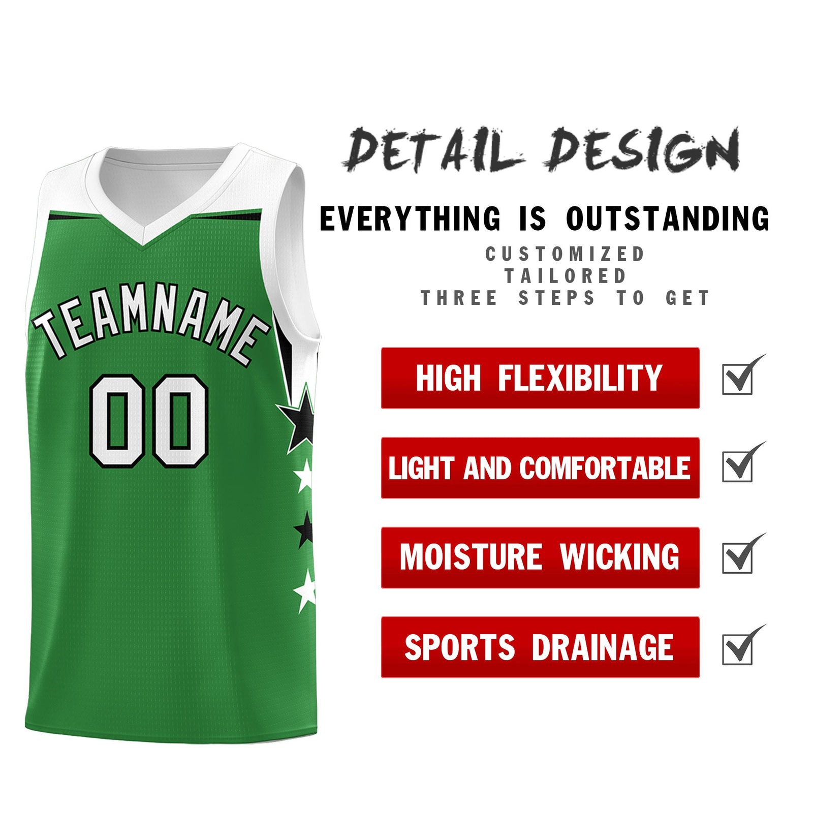 Custom Youth Basketball Uniform Kelly Green White Two Tone Side Star Add Name Number & Logo