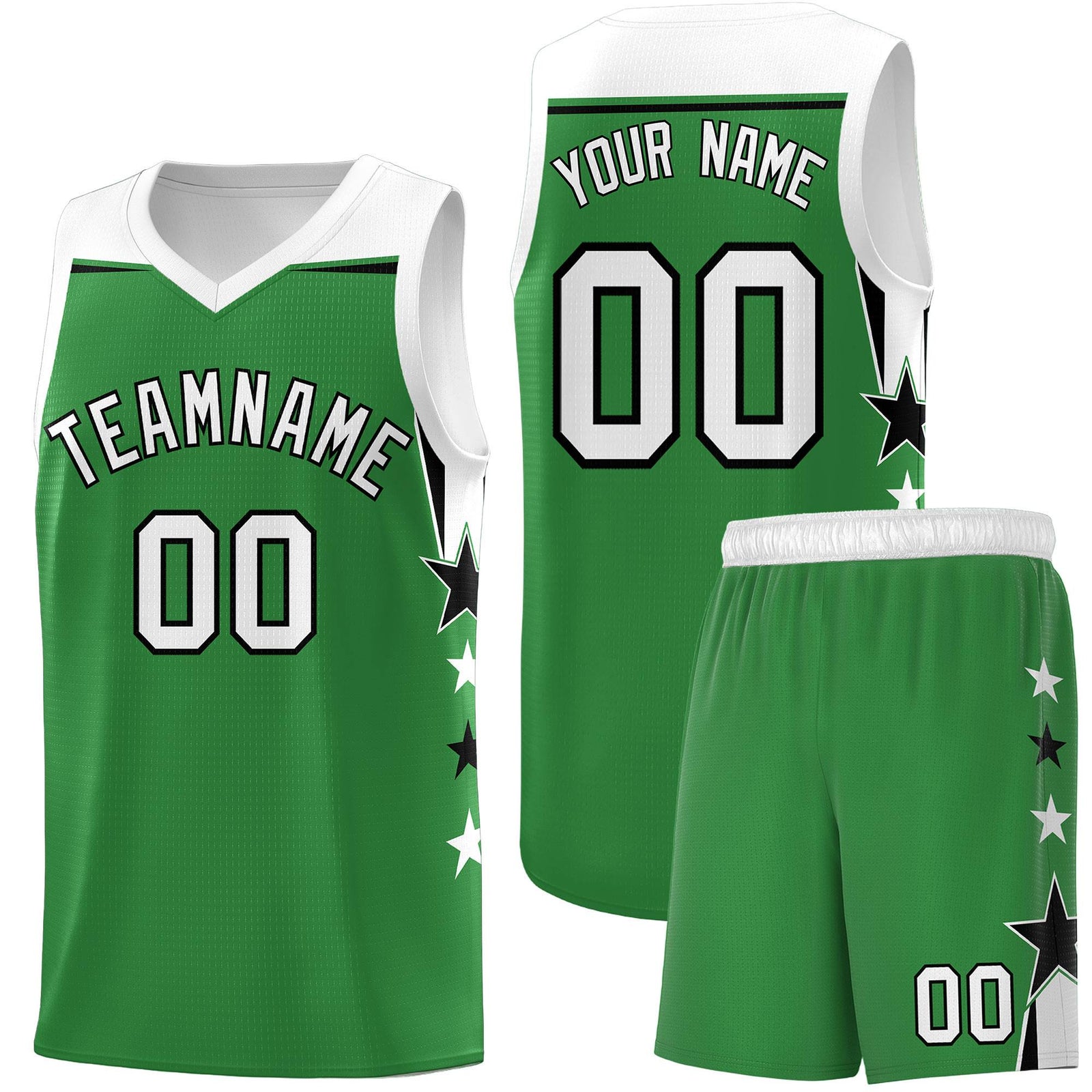 Custom Youth Basketball Uniform Kelly Green White Two Tone Side Star Add Name Number & Logo