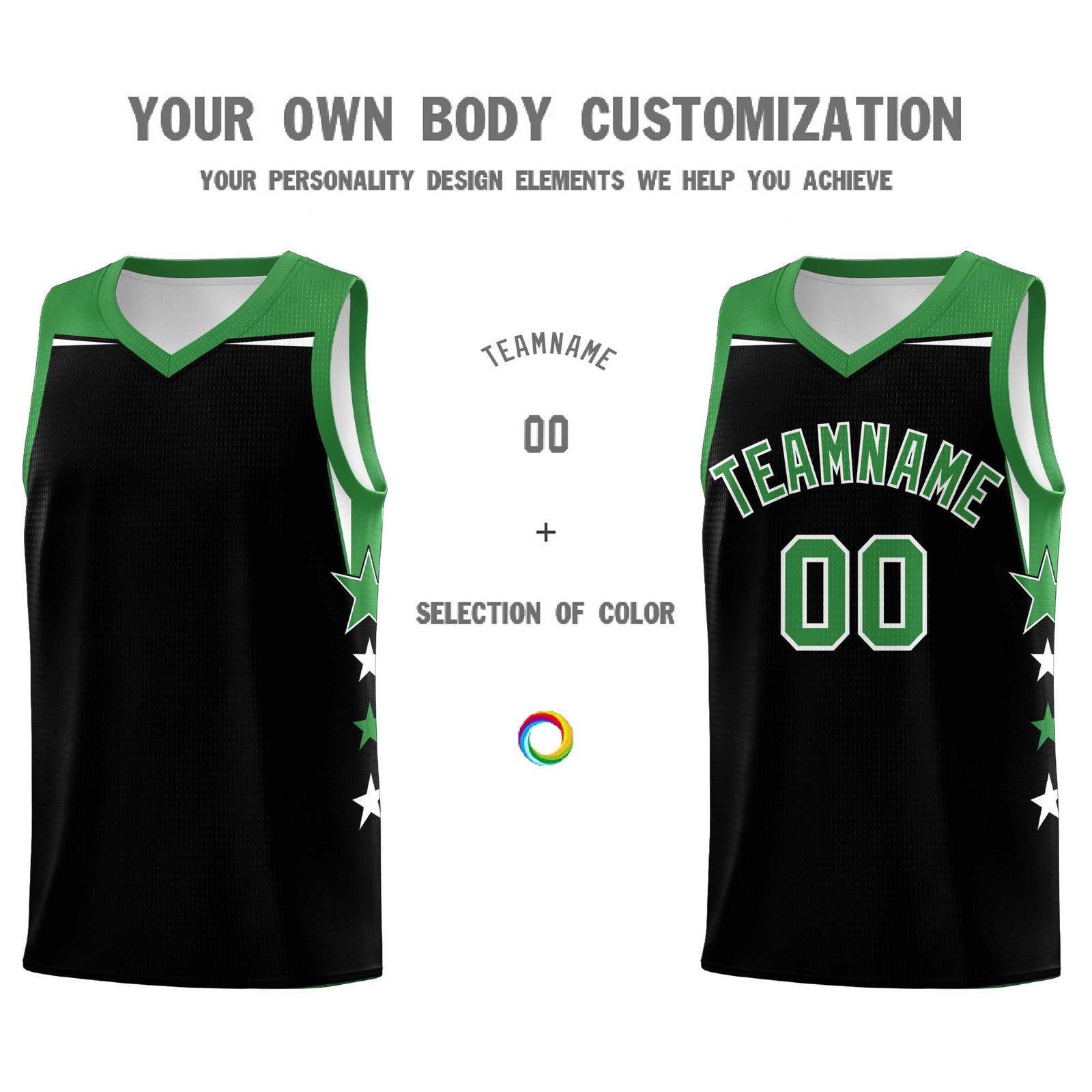 Custom Youth Basketball Uniform Black Kelly Green Two Tone Side Star Personalized Team Jersey