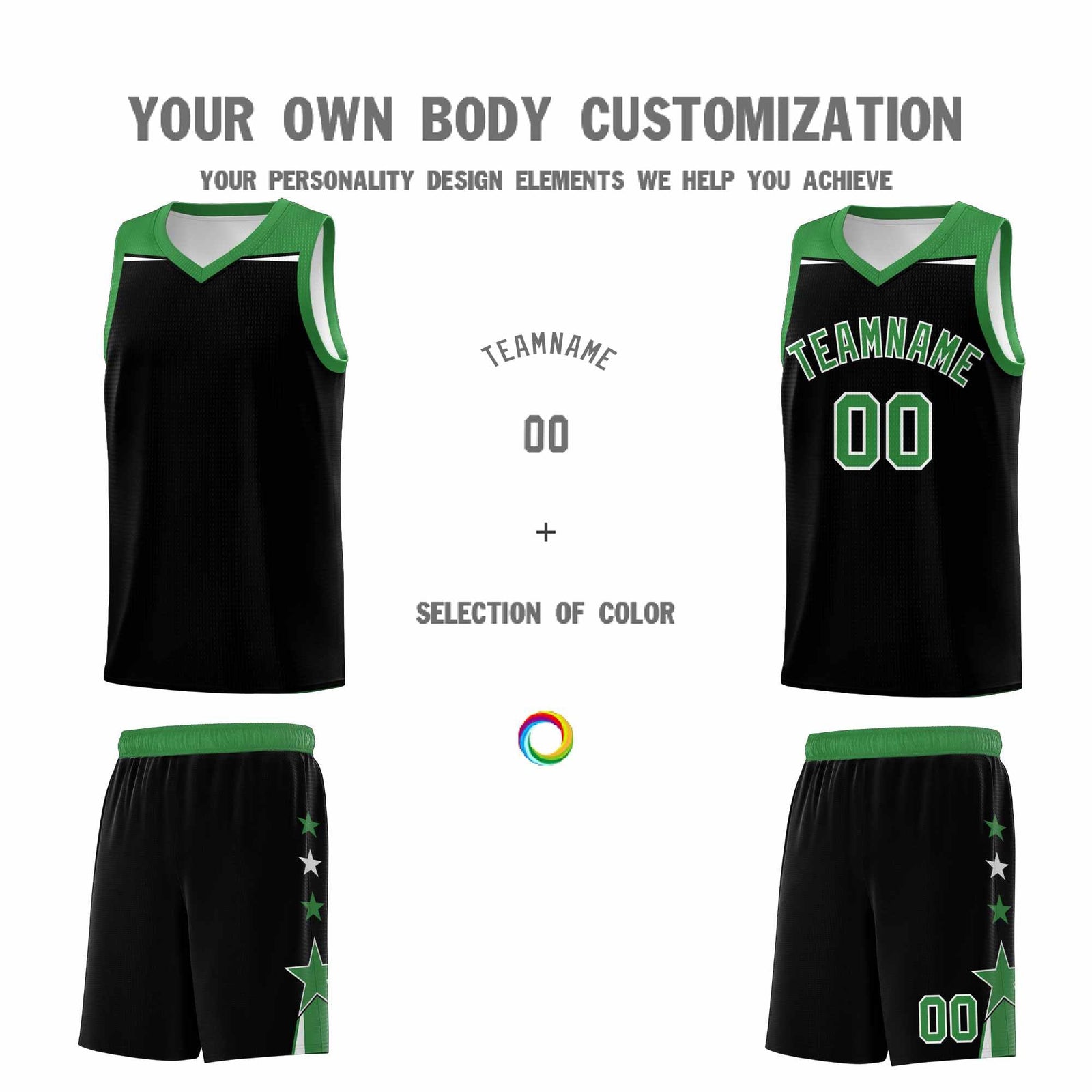 Custom Youth Basketball Uniform Black Kelly Green Two Tone Side Star Personalized Team Jersey