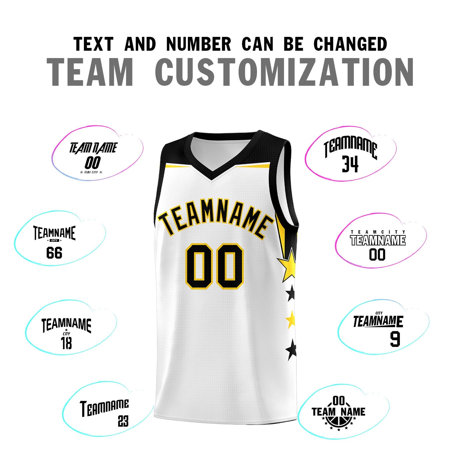 Custom Youth Basketball Uniform White Black Two Tone Side Star Color Block Team Jersey