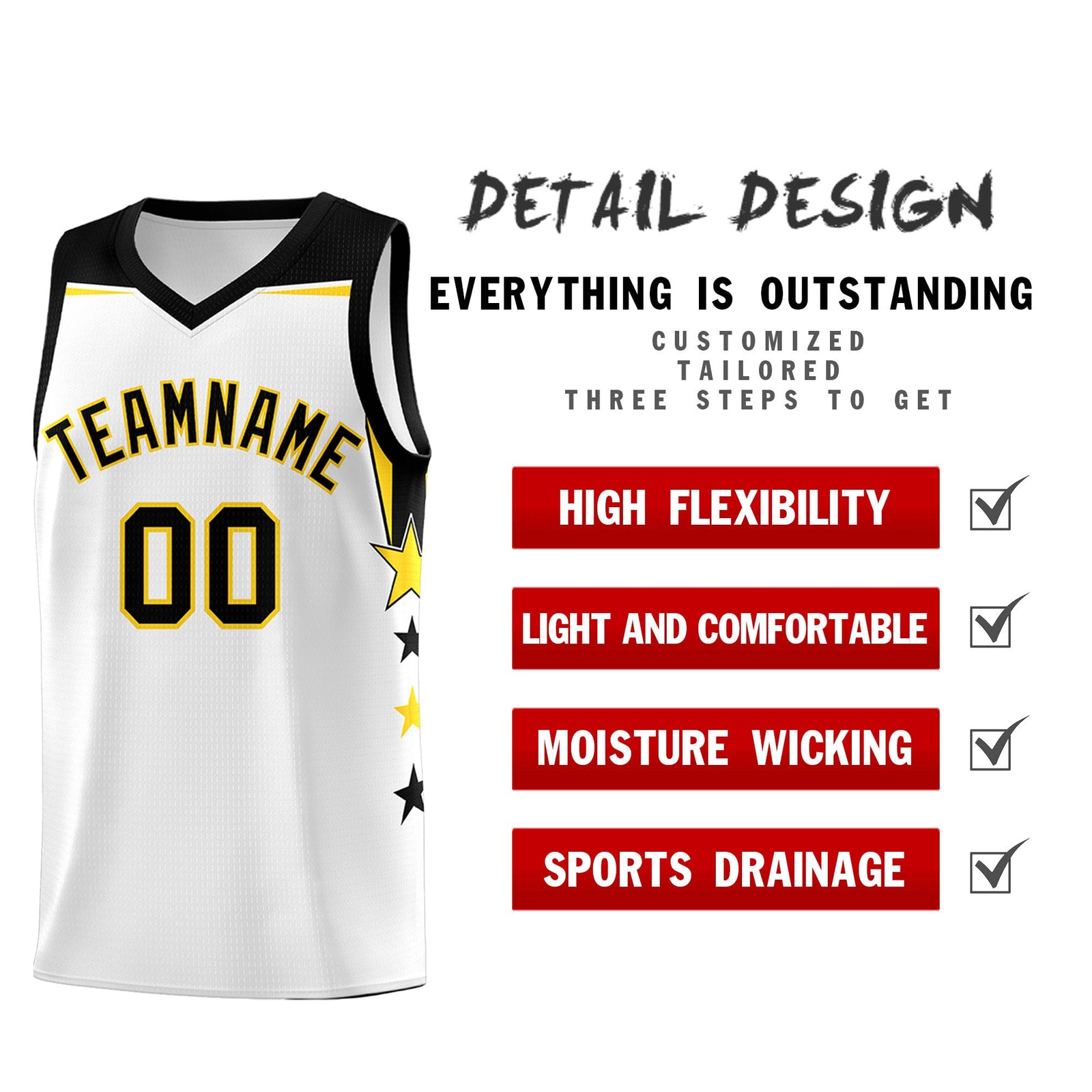 Custom Youth Basketball Uniform White Black Two Tone Side Star Color Block Team Jersey