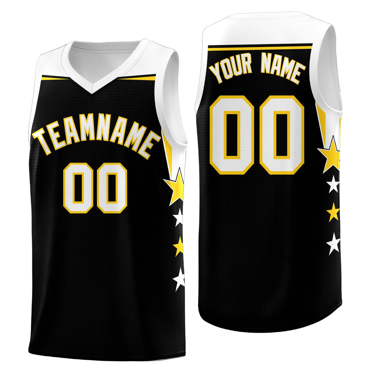 Custom Youth Basketball Uniform Black White Two Tone Side Star Add Name Number &amp; Logo