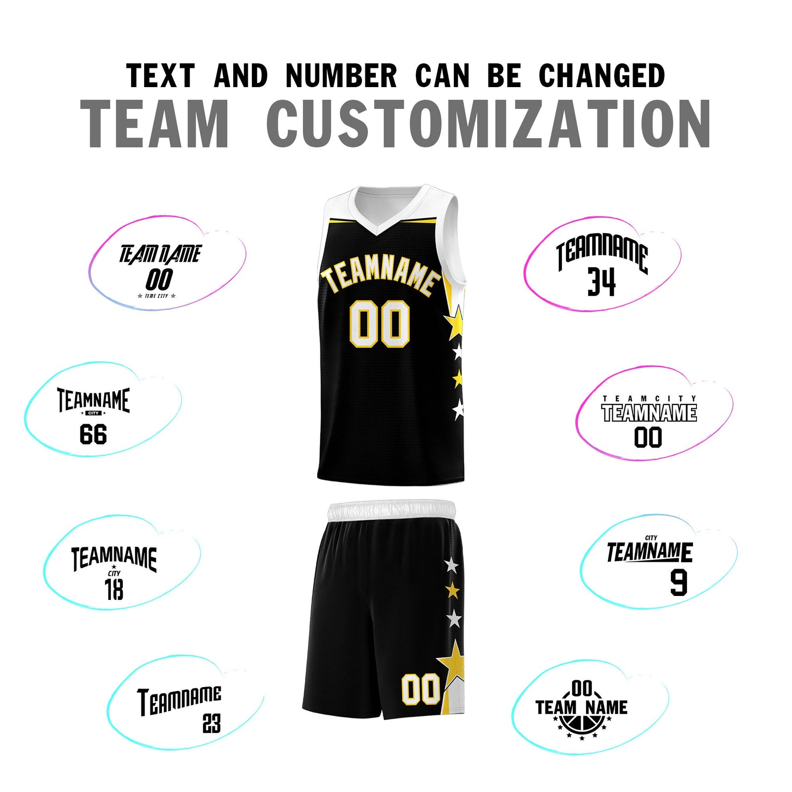 Custom Youth Basketball Uniform Black White Two Tone Side Star Add Name Number & Logo