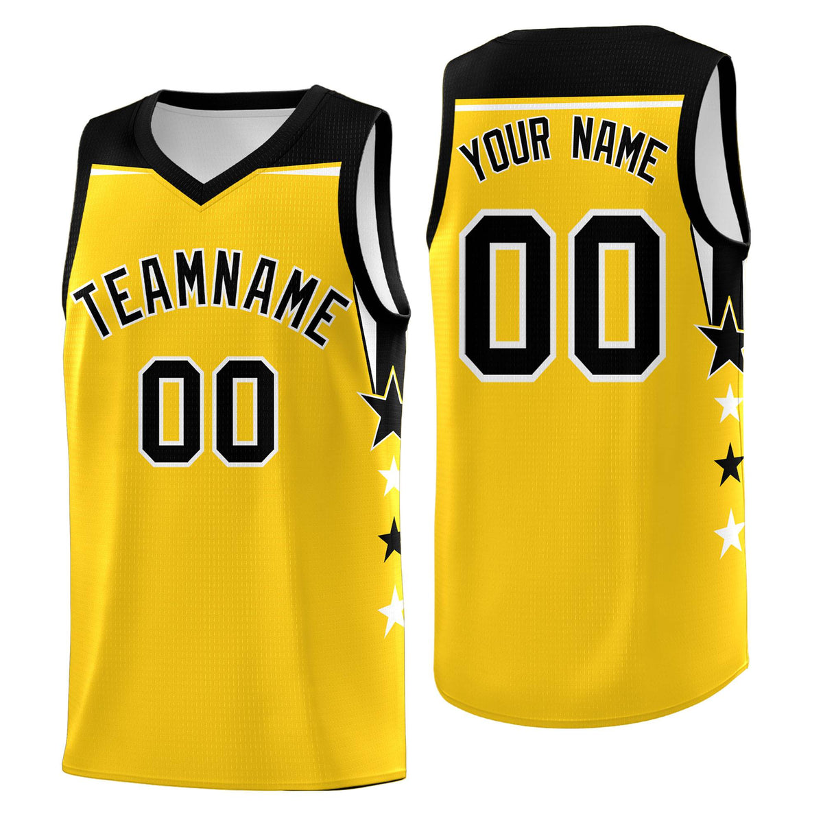 Custom Youth Basketball Uniform Gold Black Two Tone Side Star Personalized Team Jersey