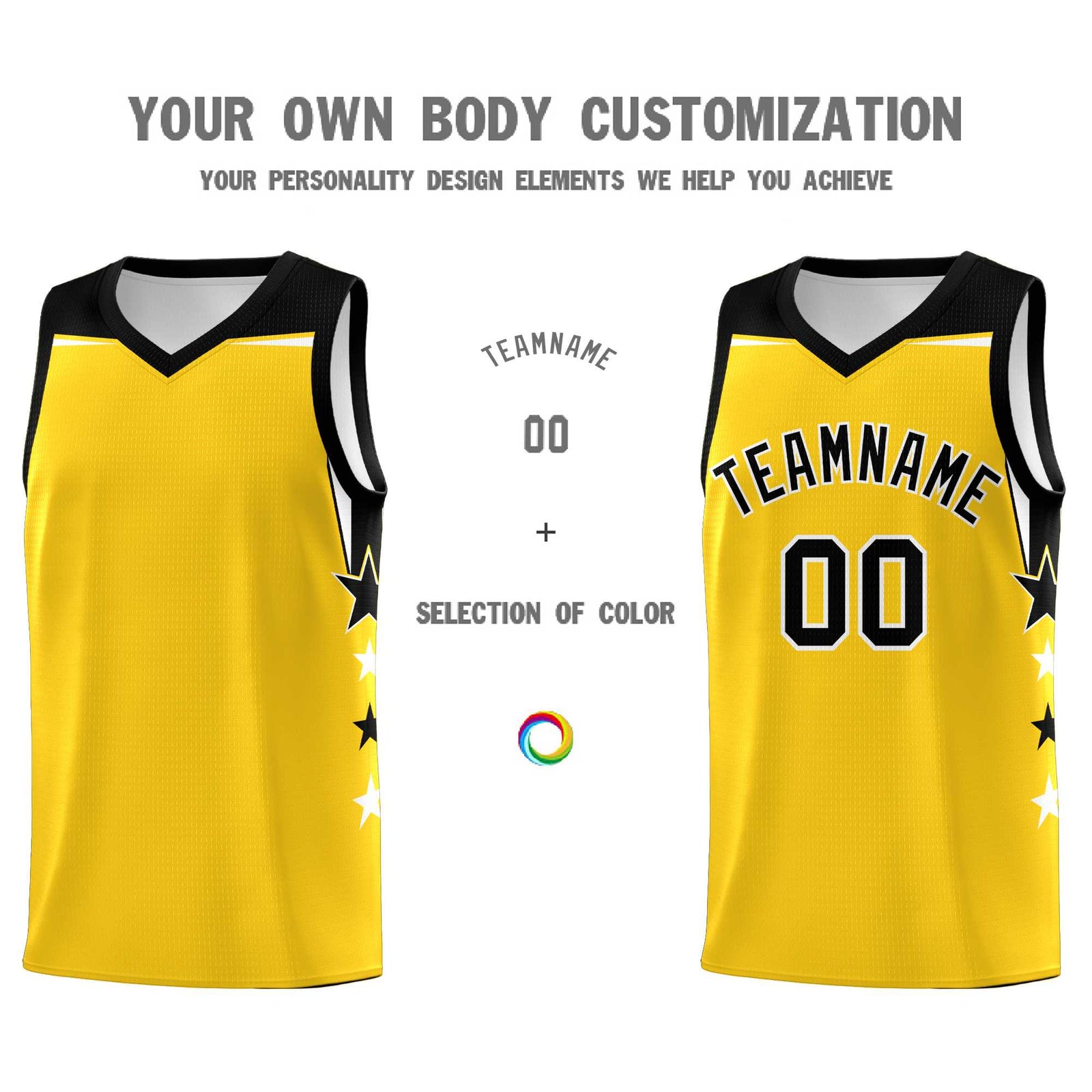 Custom Youth Basketball Uniform Gold Black Two Tone Side Star Personalized Team Jersey