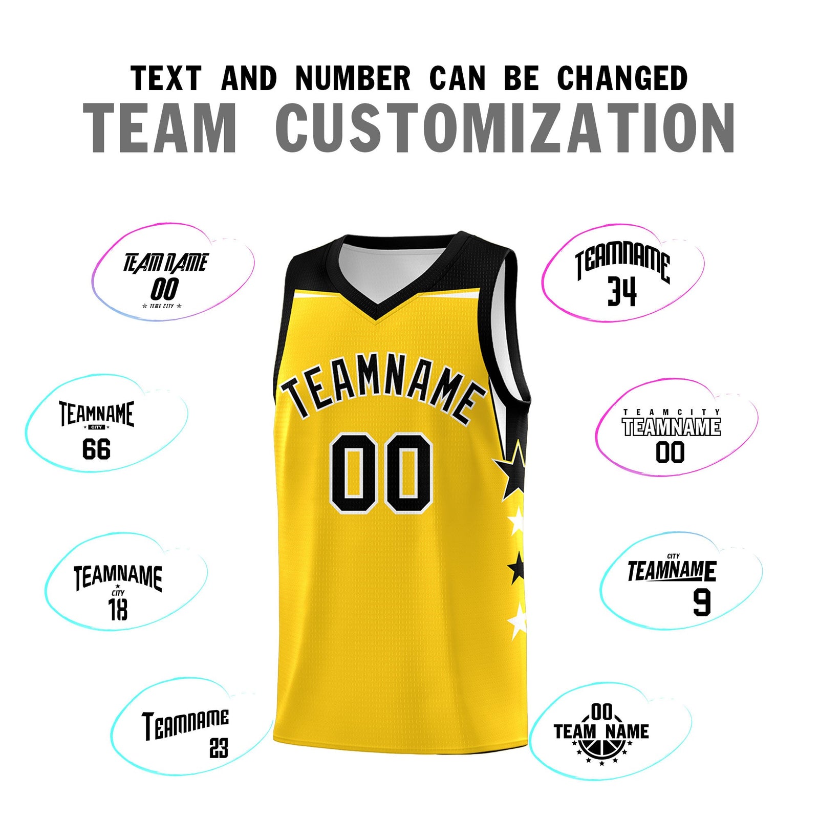 Custom Youth Basketball Uniform Gold Black Two Tone Side Star Personalized Team Jersey