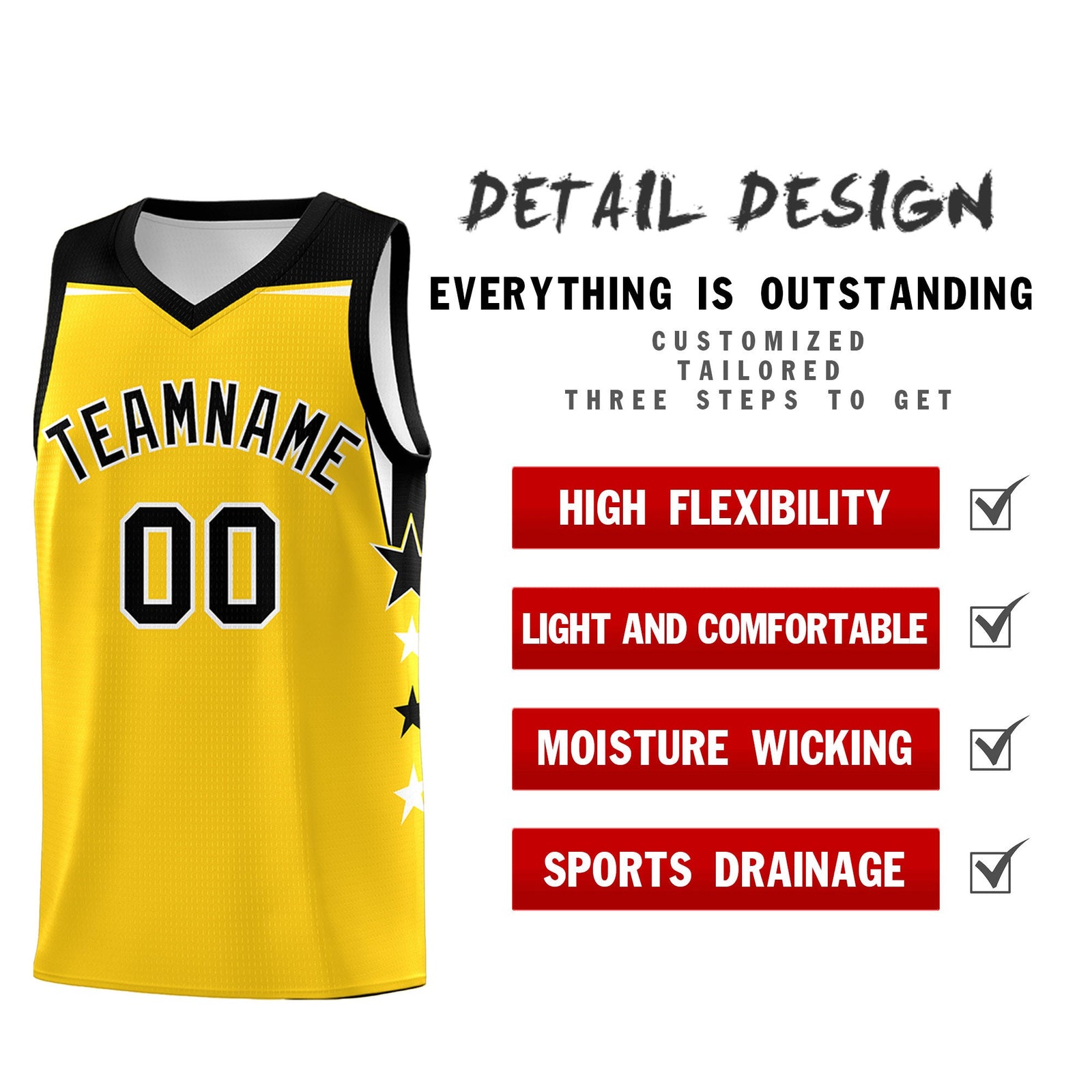 Custom Youth Basketball Uniform Gold Black Two Tone Side Star Personalized Team Jersey