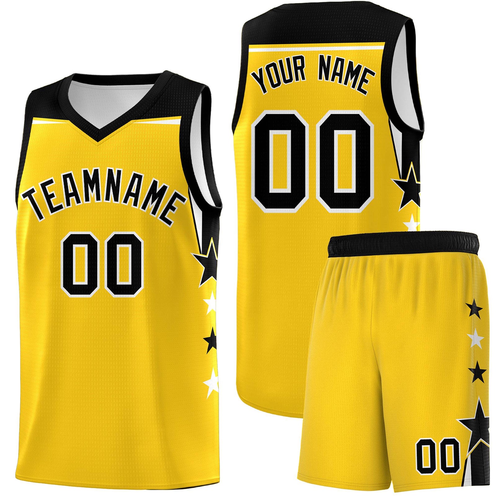 Custom Youth Basketball Uniform Gold Black Two Tone Side Star Personalized Team Jersey