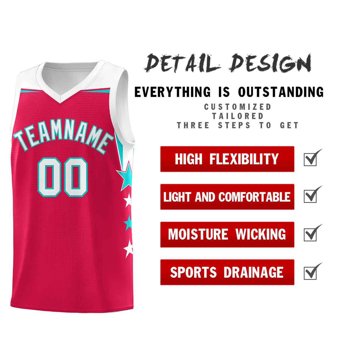 Custom Youth Basketball Uniform Red White Two Tone Side Star Add Name Number &amp; Logo