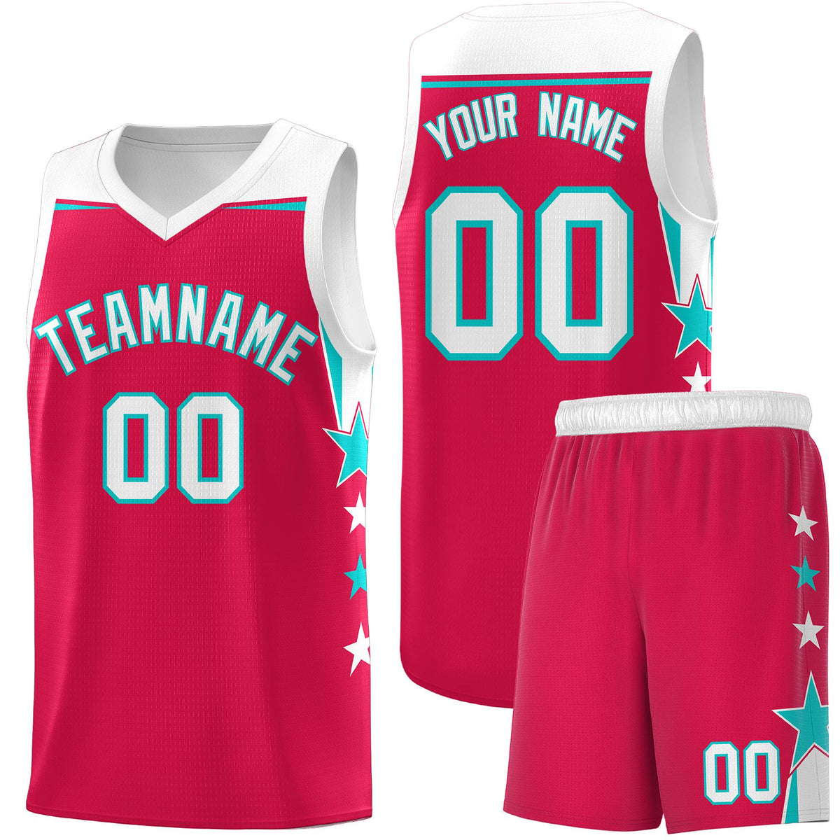 Custom Youth Basketball Uniform Red White Two Tone Side Star Add Name Number &amp; Logo