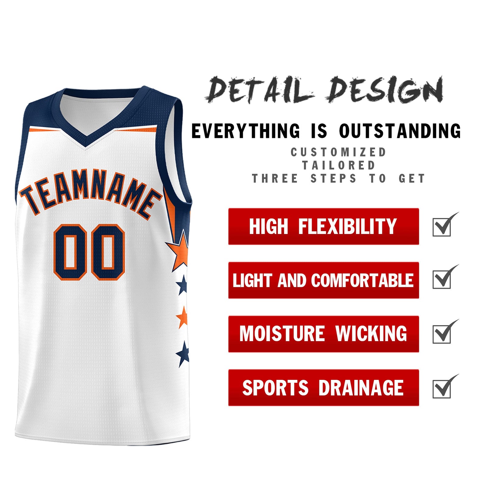 Custom Youth Basketball Uniform White Navy Two Tone Side Star Color Block Team Jersey