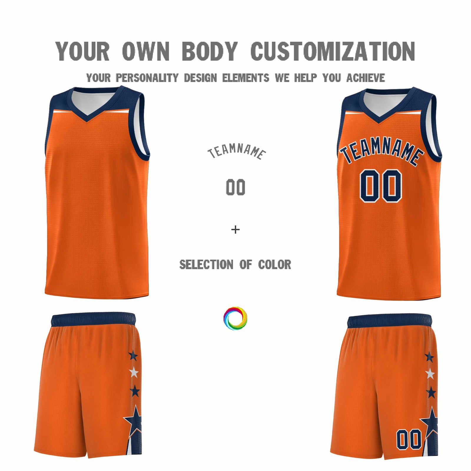Custom Youth Basketball Uniform Orange Navy Two Tone Side Star Personalized Team Jersey