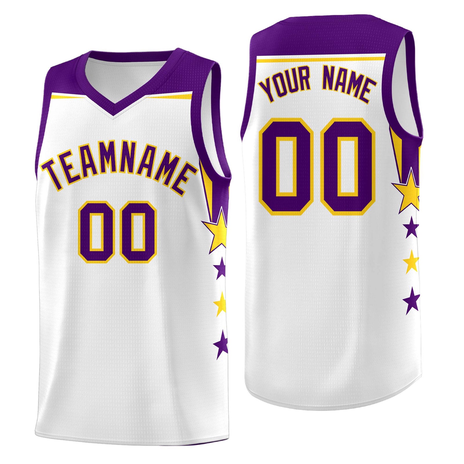 Custom Youth Basketball Uniform White Purple Two Tone Side Star Color Block Team Jersey