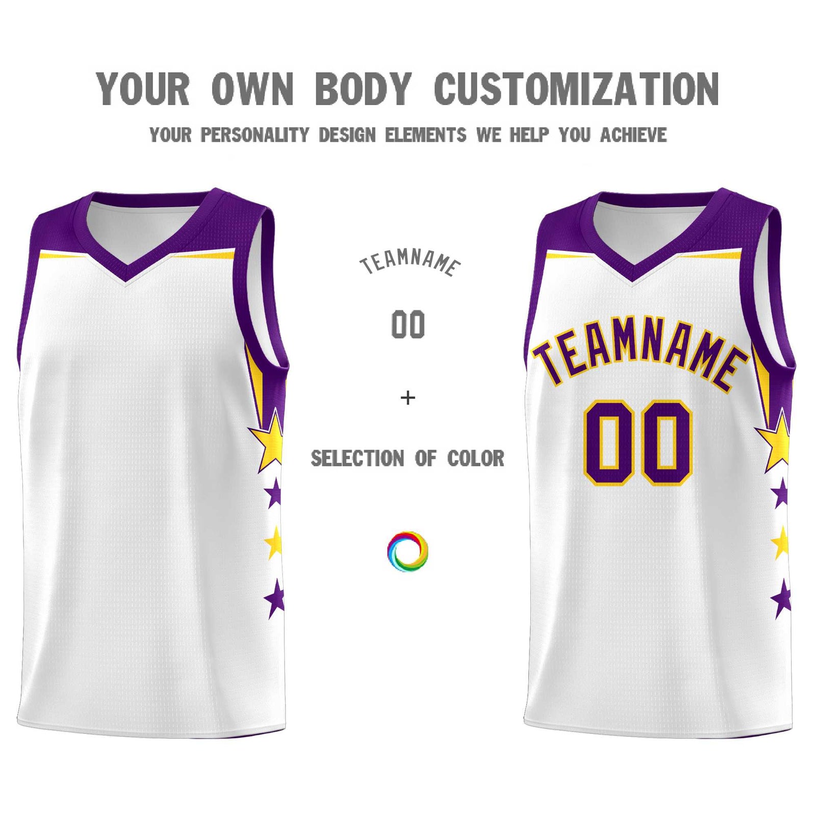 Custom Youth Basketball Uniform White Purple Two Tone Side Star Color Block Team Jersey