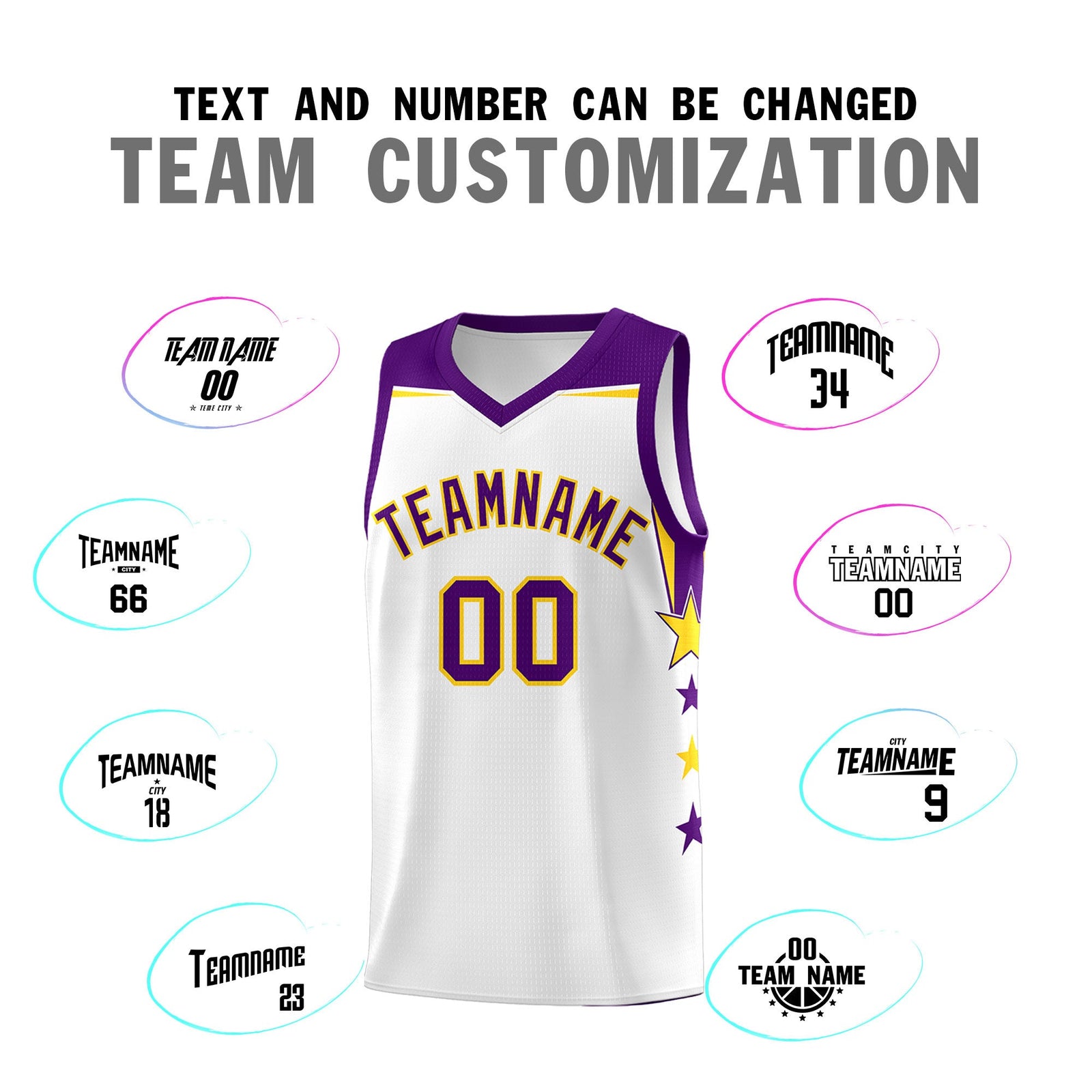 Custom Youth Basketball Uniform White Purple Two Tone Side Star Color Block Team Jersey