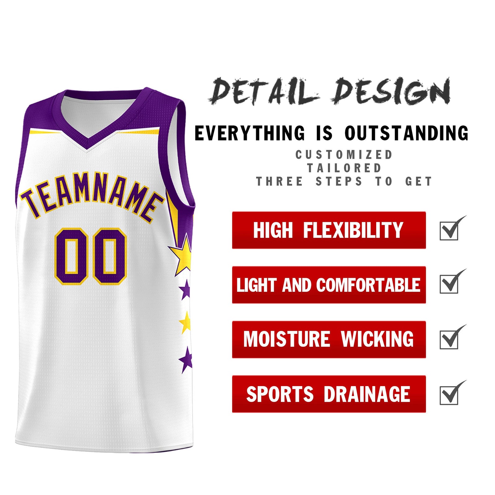 Custom Youth Basketball Uniform White Purple Two Tone Side Star Color Block Team Jersey