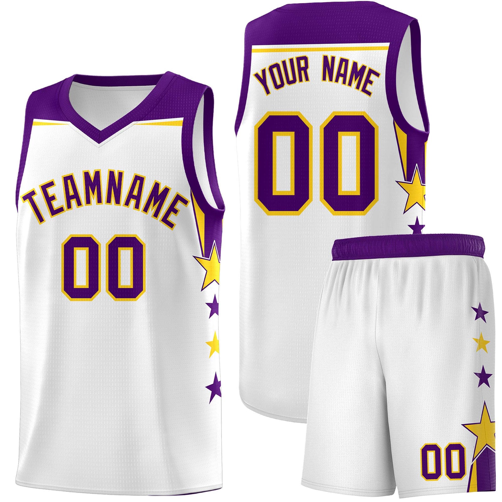 Custom Youth Basketball Uniform White Purple Two Tone Side Star Color Block Team Jersey