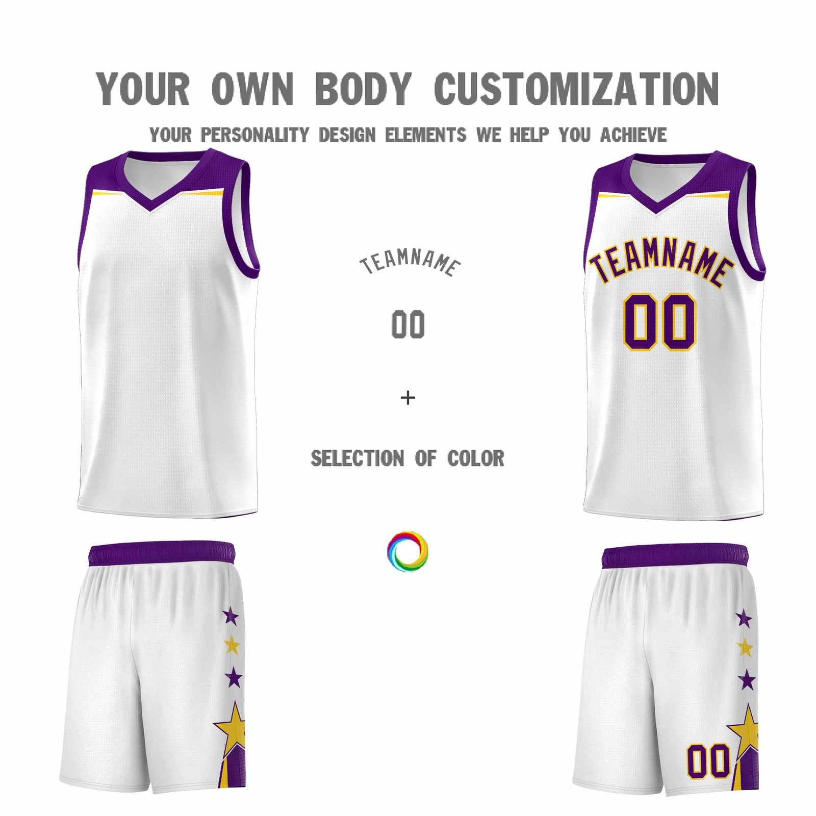 Custom Youth Basketball Uniform White Purple Two Tone Side Star Color Block Team Jersey