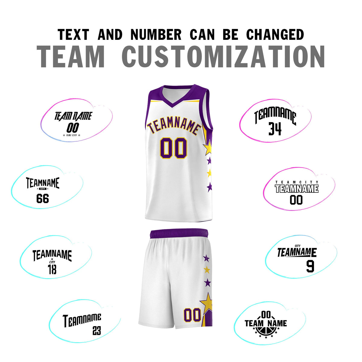 Custom Youth Basketball Uniform White Purple Two Tone Side Star Color Block Team Jersey