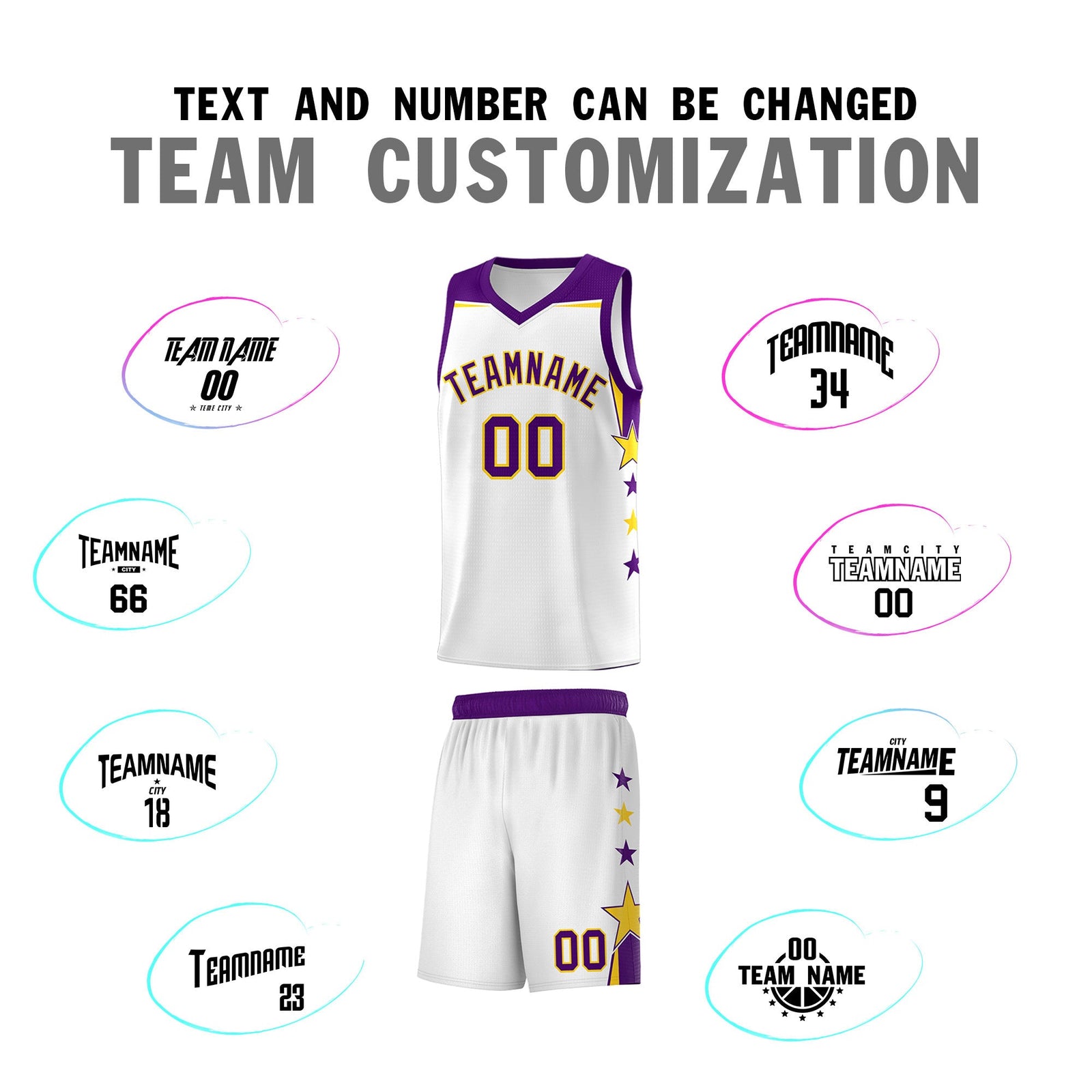 Custom Youth Basketball Uniform White Purple Two Tone Side Star Color Block Team Jersey