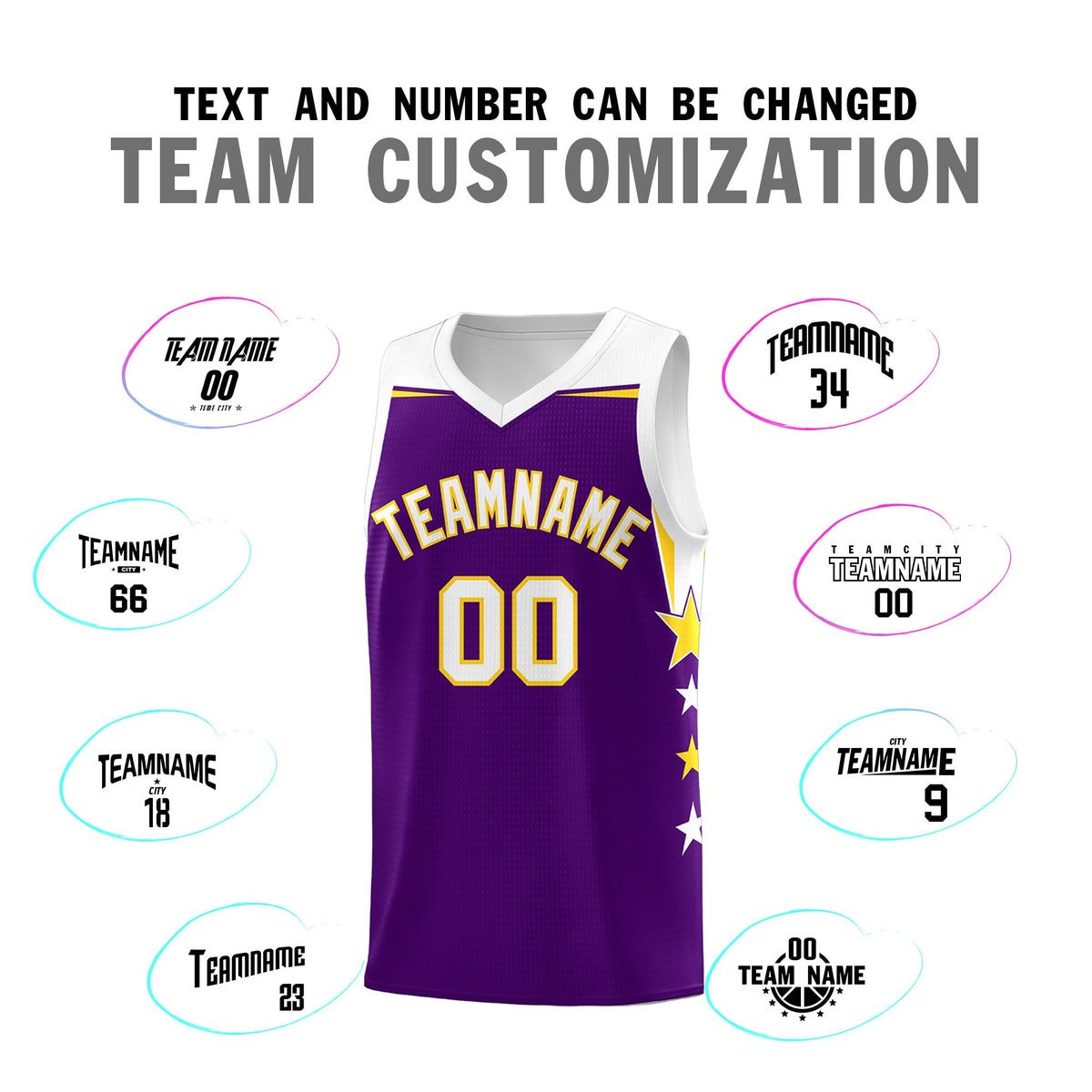 Custom Youth Basketball Uniform Purple White Two Tone Side Star Add Name Number &amp; Logo