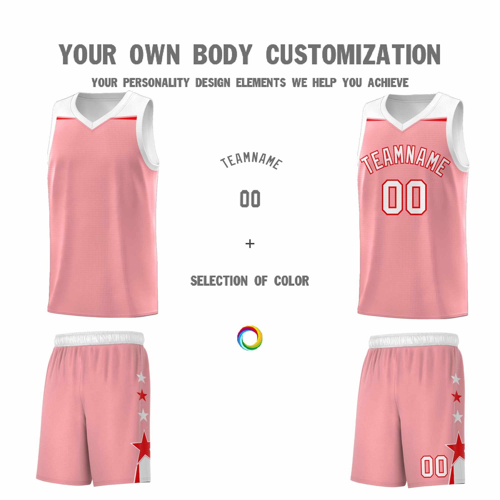 Custom Youth Basketball Uniform Light Pink White Two Tone Side Star Add Name Number & Logo