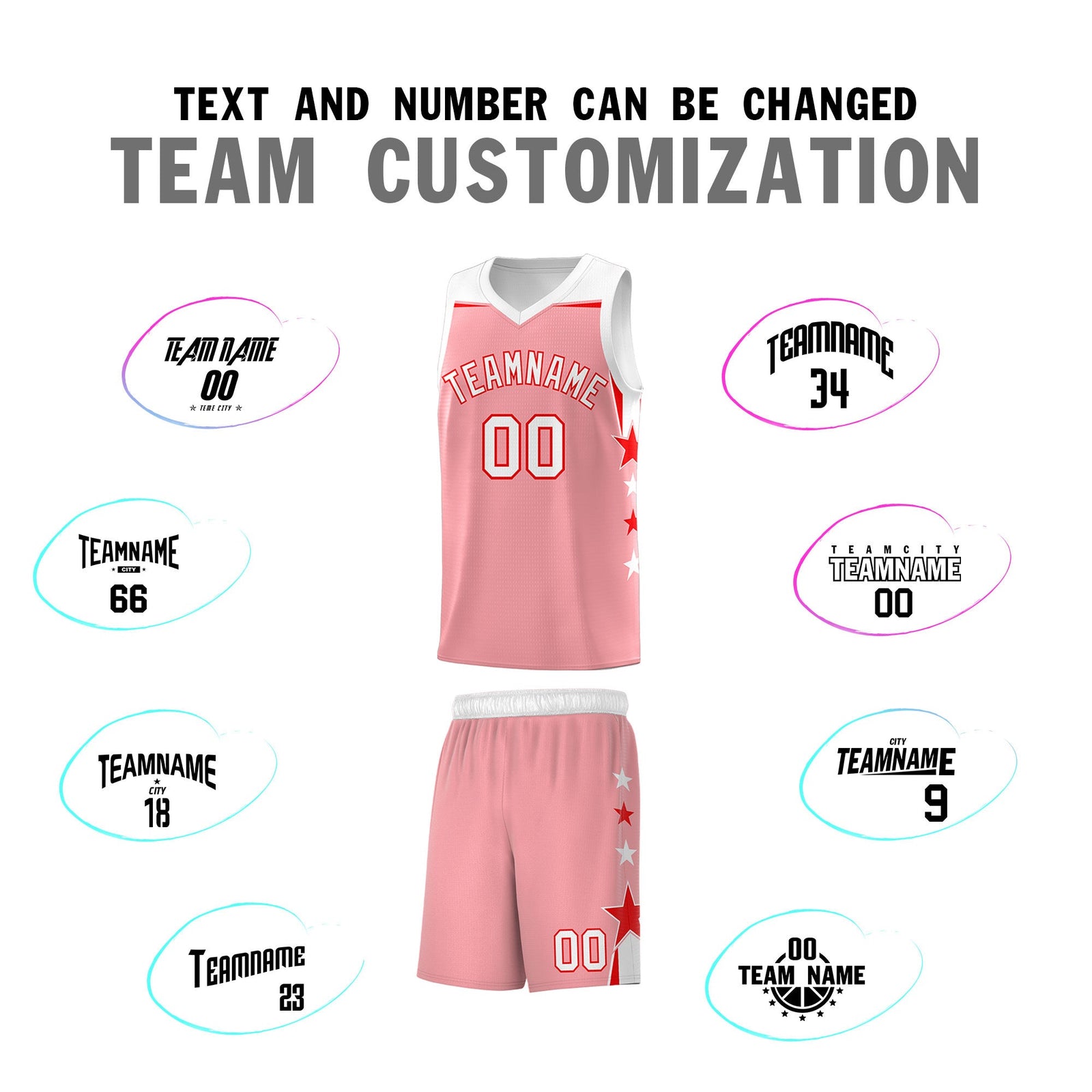 Custom Youth Basketball Uniform Light Pink White Two Tone Side Star Add Name Number & Logo