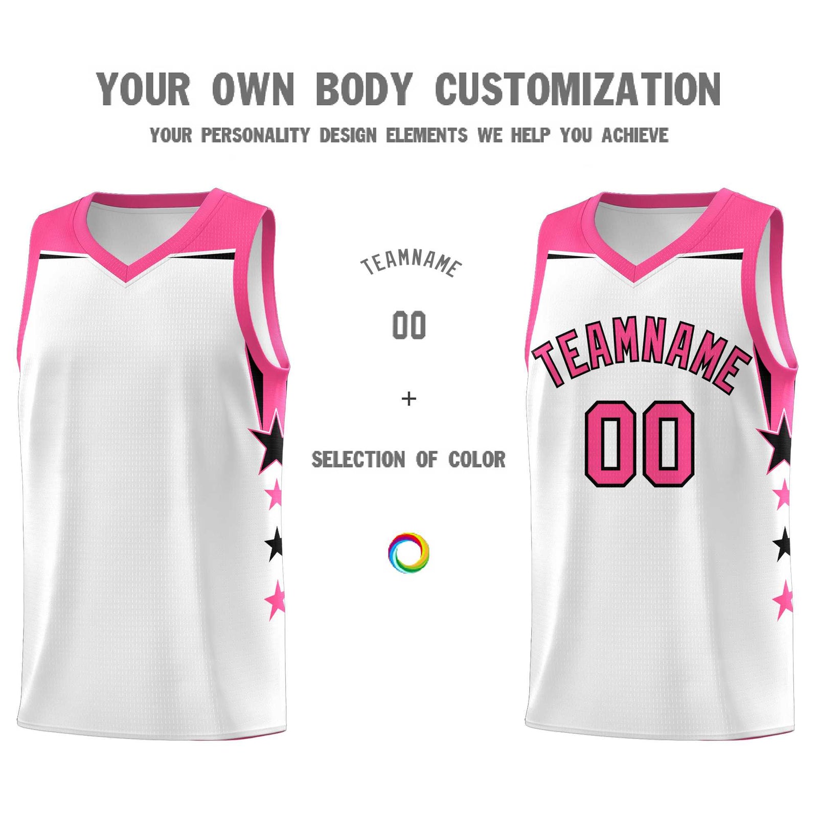 Custom Youth Basketball Uniform White Pink Two Tone Side Star Color Block Team Jersey