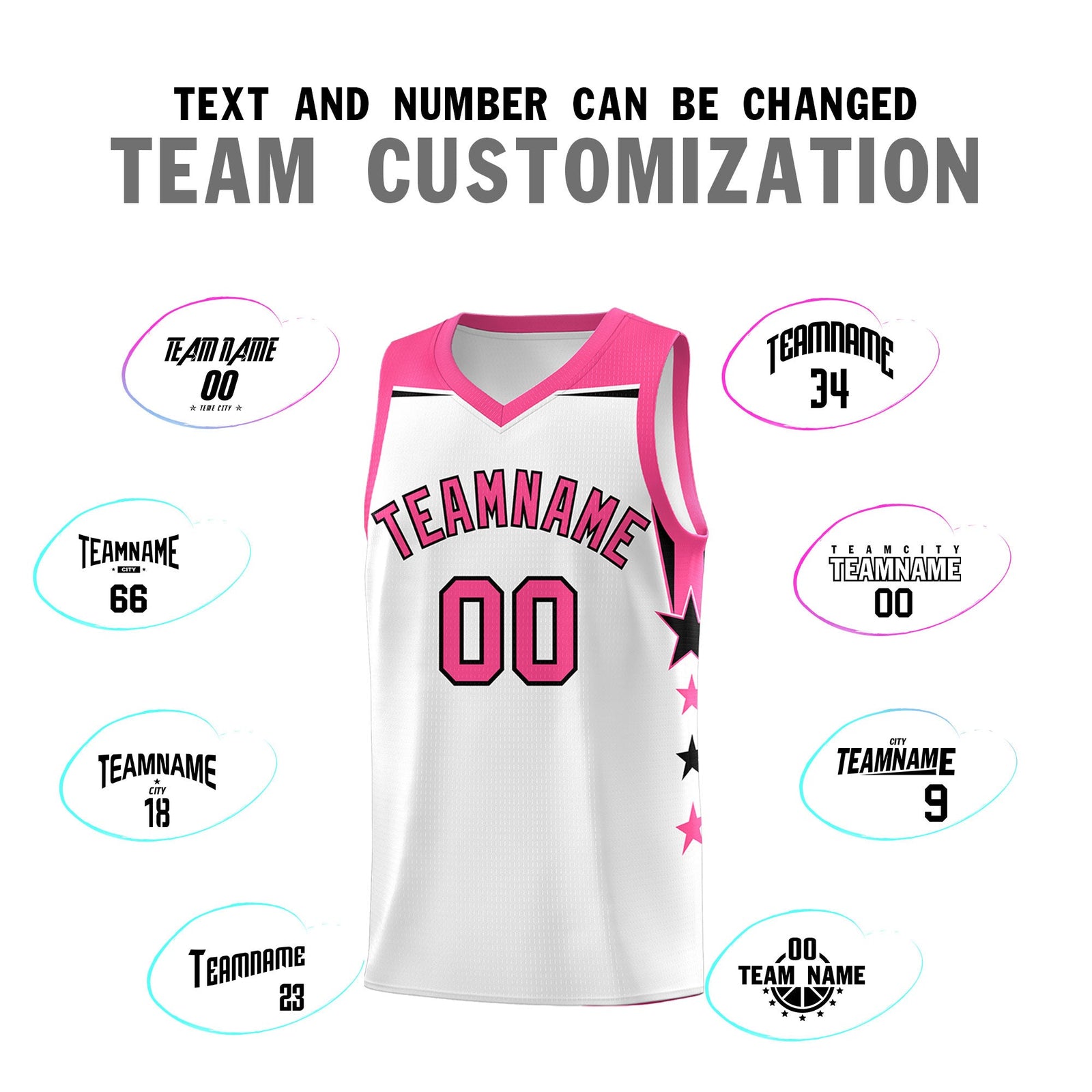 Custom Youth Basketball Uniform White Pink Two Tone Side Star Color Block Team Jersey