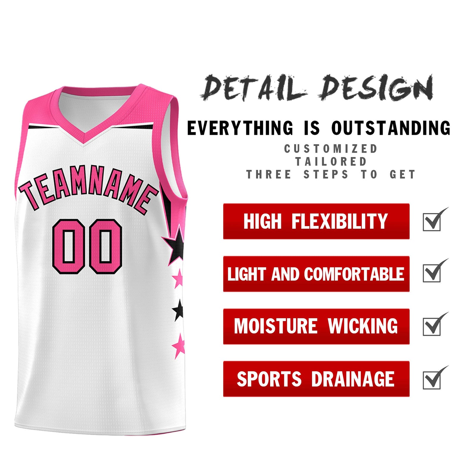 Custom Youth Basketball Uniform White Pink Two Tone Side Star Color Block Team Jersey