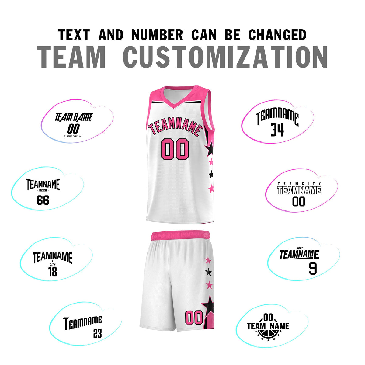 Custom Youth Basketball Uniform White Pink Two Tone Side Star Color Block Team Jersey