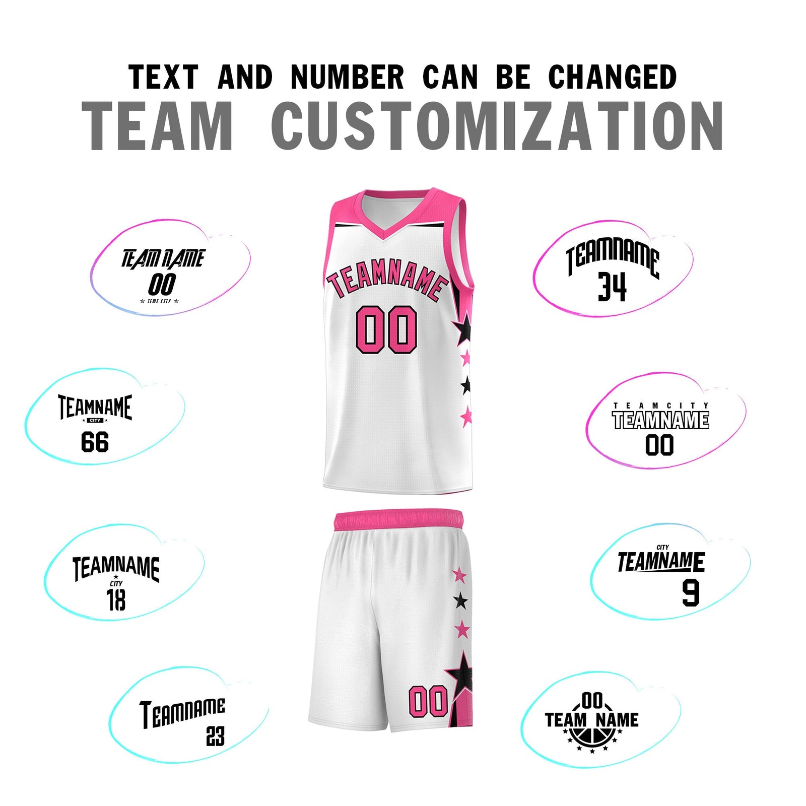 Custom Youth Basketball Uniform White Pink Two Tone Side Star Color Block Team Jersey